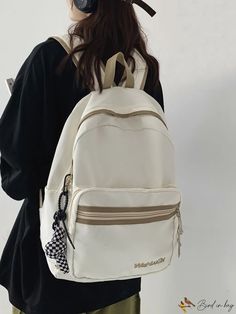 BirdinBag - Letter Graphic Backpack with Bag Charm - Medium, Classic Design White Large Capacity Shoulder Bag For Study, White Shoulder Bag For Back To School, Beige Bag For Study And Back To School, White Shoulder Bag With Zipper For Back To School, White School Bag With Zipper Closure, Trendy Cream Bag For Students, White Large Capacity Bags For Students, White Backpack With Zipper Closure, White Backpack With Zipper Closure For Students