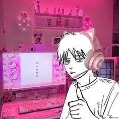 an anime character with headphones on in front of a computer screen and keyboard,