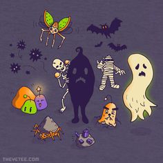 a group of cartoon halloween characters with bats and skulls on the ground in front of them