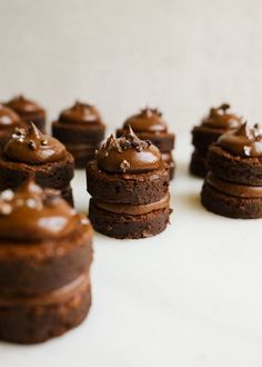 chocolate cupcakes with frosting and sprinkles arranged on a white surface