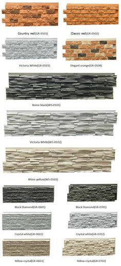 the different types of stone tiles in various colors and sizes, with names on each side