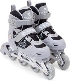 two roller skates with black and white wheels