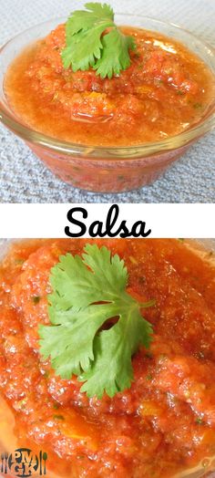 two pictures side by side one with salsa and the other with parsley in it