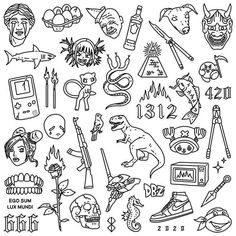 a black and white drawing of various items in the form of tattoos on a sheet of paper