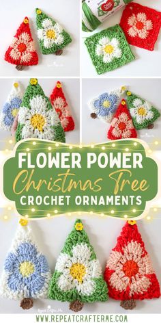 crochet christmas tree ornament is shown in four different colors