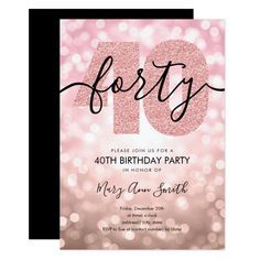 a pink and black forty birthday party card