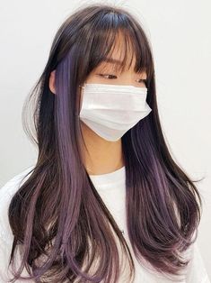 Hair Color Ideas For Black Hair Highlights, Hair Colour Ideas For Long Black Hair, Purple Highlights Black Hair Korean, Hair Dye Ideas For Black Hair Asian, Lavender Hair Highlights Black, Black Hair With Purple Peekaboos, Ear Loop Highlights Hair, Thick Highlights Black Hair, Lavender Money Piece Hair Brunette