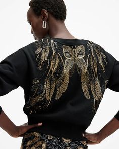 Separo Embellished Wing Sweatshirt Black | ALLSAINTS US Wing Artwork, Outfit Wedding Guest, Slim Fit Casual Shirts, Sweat Top, Nightwear Women, Long Sleeve Sequin, Vetements T Shirt, Sweaters And Jeans, Guest Outfit