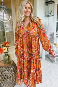 Jayden Floral Print Long Sleeve Midi Dress [S-3X] - Be You Boutique Flowy Floral Print Dress For Fall, Flowy Floral Dress For Fall, Long Brown Hair, Dressy Dresses, Long Blonde Hair, Long Sleeve Midi, Long Sleeve Midi Dress, Flower Child, Dress Material