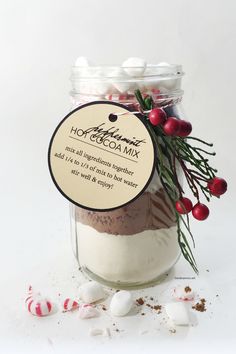 hot cocoa mix in a jar with candy canes and peppermint sprigs