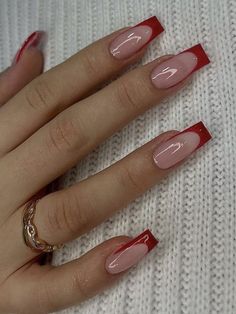 Multicolor  Collar     Embellished   Nail,Hand & Foot Care Red Tip Nails, Bridesmaids Nails, Red Acrylic Nails, French Tip Acrylic Nails, Short Square Acrylic Nails, Red Nail