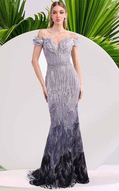 Janique 15150 Amethyst Off Shoulder Design, Mother Of The Bride Gown, Exquisite Gowns, Embellished Gown, Essential Dress, Illusion Neckline, Bride Gowns, Amethyst Color, Stunning Gowns