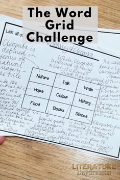 the word grid challenge with handwritten text on it and two sheets of paper in front of