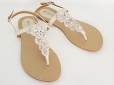 a pair of flat heel ivory bridal sandals with crystals on the straps of the sandals Beach Wedding Sandals, Beach Wedding Shoes, Bling Sandals, How To Dye Shoes, Ivory Wedding Shoes, Embellished Shoes, Sandals Beach, Bridal Sandals, Sparkle Wedding