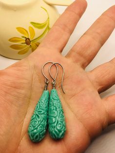 "Long lightweight carved plastic earrings with an engraved floral pattern. These resemble cinnabar and are a beautiful shade of turquoise blue. Hang 2 1/2\" long from rounded stainless steel ear wires that are hypo allergenic. Perfect every day earrings for the upcoming season. Check out other earrings in my shop: https://www.etsy.com/shop/WillowandQuinn?section_id=5508039&ref=shopsection_leftnav_3 I offer quick shipping and all packages arrive ready for gift giving! domestic orders ship fre Handmade Turquoise Jade Earrings, Blue Summer Jewelry, Beetle Wings, Handwritten Gifts, Plastic Earrings, Shades Of Turquoise, Summer Jewelry, Organza Bags, Charm Earrings