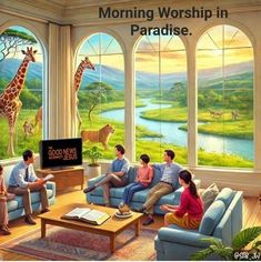 people sitting on couches in front of large windows with giraffes and other animals