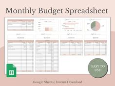 the printable budget spreadsheet is shown in front of a pink background with green and