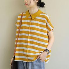 Loose Stitching Striped Casual Cotton Short Sleeve Shirt Linen Casual Outfit, Lace Shirt Dress, Cotton Plaid Shirt, Cotton Kurti Designs, Linen Shirt Dress, Cotton Kurti, Blue Shirt Dress, Plaid Dress Shirt, Linen Casual