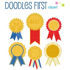 a set of five award ribbons with different colors and sizes on each ribbon, including one for the first place