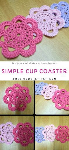 crocheted coasters with the words simple cup coaster