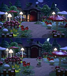 an animated scene with mushrooms and flowers in the foreground, and a house on the other side