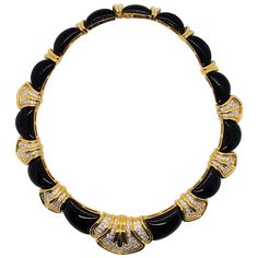 Beautiful estate necklace showcasing onyx and 4.50 cts. of good quality white diamond rounds in a handmade 18k yellow gold mounting. This necklace has a stunning presence and a big look. Approximately 13" length. Excellent condition. Diamond Choker Necklace, Big Necklace, Diamond Choker, Chest Piece, Gold Choker Necklace, Gold Choker, Gothic Jewelry, White Diamond, Drawing Ideas