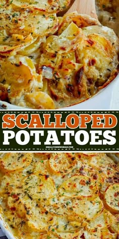 an image of baked potato casserole with text overlay that reads scalloped potatoes