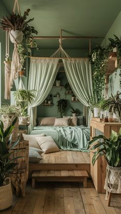 "Nature-inspired boho bedroom in sage green, filled with plants, wooden furniture, and earthy textures for a calming retreat. Sage Green Closet Aesthetic, Green Aesthetic Bedroom Ideas, Room Ideas Aesthetic Green, Green Apartment Aesthetic, Boho Green Bedroom, Room Inspo Green, Nature Themed Room, Green Aesthetic Room, Green Boho Bedroom