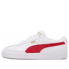 PUMA Oslo-City Casual Board Shoes White/Red 374976-05 (SNKR/Skate/Unisex/Low Top/Non-Slip/Breathable) Red Leather Skate Shoes With Gum Sole, Classic Skate Shoes With Red Sole And Round Toe, Classic Skate Shoes With Red Sole, Classic Puma Sneakers With Round Toe, Red Leather Puma Sneakers, Flat Sneakers With Red Sole For Streetwear, City Sneakers, Sneakers Puma, Shoes White