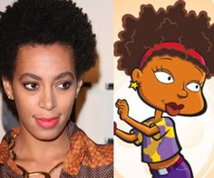 an image of a woman with afros on her head and cartoon character in the background