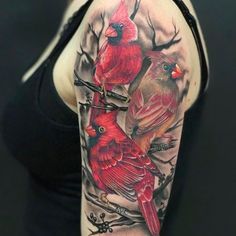 a woman's arm with two red birds sitting on top of branches and one bird perched on the branch