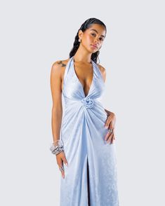 The perfect look for a little midnight magic 🪄 Constructed from floral jacquard fabric, this baby blue rosette maxi dress is complete with a halter tie and a deep v-neck for a classy and pristine look 💙 Elegant V-neck Halter Dress, Fitted V-neck Halter Dress For Wedding, Elegant Blue Halter Dress For Night Out, Glamorous Halter Neck Maxi Dress For Formal Occasions, Glamorous Light Blue Formal Dress, Glamorous Formal Light Blue Dress, Light Blue Halter Neck Party Dress, Glamorous Maxi Halter Dress For Wedding, Glamorous Spring Halter Dress For Formal Events