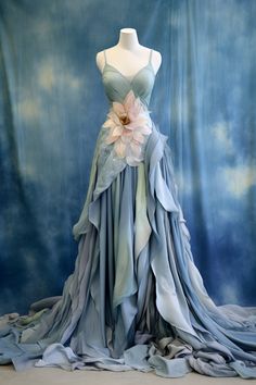 Water lily inspired gown Lily Fantasy Gown, Fairycore Long Dress, Jelly Fish Wedding Dress, A Garden Of Time Dress, Flower Gown Aesthetic, Water Inspired Wedding Dress, Dresses That Look Like Water, Dresses Inspired By Flowers, Garden Themed Dress