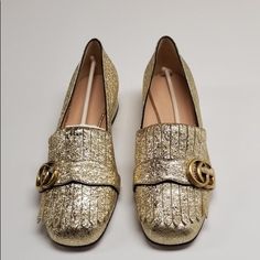 Gold Leather Gucci Square-Toe Galassia Platino Pumps With Kiltie Embellishments At Vamps, Gold-Tone Running Gg Emblem At Vamps And Covered Heels. Includes Dust Bag. *No Low Ball Offers Please* Shoes Gucci, Gucci Shoes, Gold Leather, Shoes Women Heels, Embellishments, Shoes Heels, Dust Bag, Gold Tones, Loafers