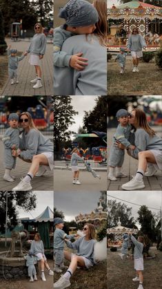 a collage of photos showing two children playing in the park