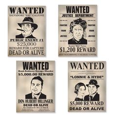 four wanted posters are shown in black and white, with the words wanted on them