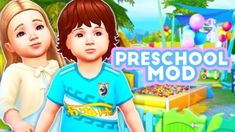 two children standing next to each other in front of a sign that says preschool mod