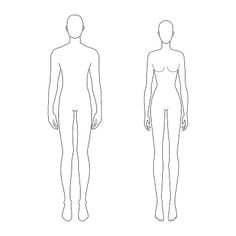 a line drawing of a male and female mannequins side by side, viewed from the front