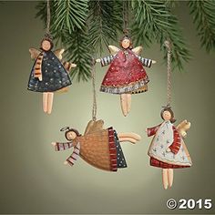 three christmas ornaments hanging from a pine tree