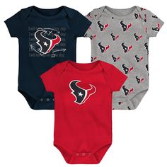 Welcome the littlest fan to the Houston Texans family with this adorable Team Starter 3-Pack Bodysuit Set. The lap shoulder neckline and three snaps at the bottom make dressing a breeze, while the Houston Texans graphics proudly display your family's team spirit. This three-pack of bodysuits is the perfect way to for the newest fan to show support for the Houston Texans family. Grey Bodysuit, Houston Texans, Dream Team, Long Sleeve Bodysuit, Team Spirit, Simple Dresses, Dress Making, Newborn Baby, Heather Grey