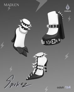 three different types of shoes with spikes and chains on the bottom, one in black and white