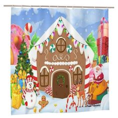 a shower curtain with a gingerbread house and christmas decorations on the outside in front of it