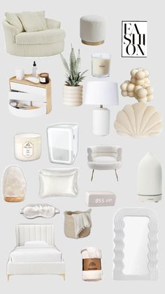 a collage of white furniture and accessories