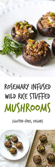 rosemary infused wild rice stuffed mushrooms on a white plate