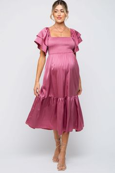 Mauve Satin Flutter Sleeve Maternity Midi Dress Pink Maternity Dress, Baby Rhino, Baby Party Dress, Maternity Midi Dress, Fall Wedding Guest Dress, Baby Shower Dresses, Fall Weddings, Shower Dresses, Smocked Top