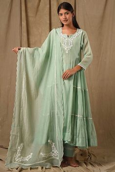 Dusty Green Fine Chanderi Silk Embroidered Anarkali Set Design by Gulabik Jaipur at Pernia's Pop Up Shop 2023 Tiered Anarkali, Co Ords Outfits, Scallop Border, Embroidered Anarkali, Fashion Sketches Dresses, Dusty Green, Embroidered Pants, Sketches Dresses, Lace Neckline