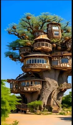 a tree house built into the side of a hill with trees growing out of it