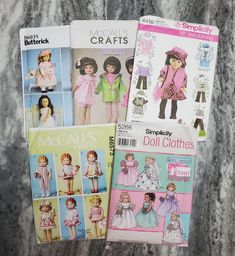 four different patterns for doll clothes on a table