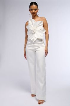 CHERRY BLOSSOM STRAPLESS STATEMENT JUMPSUIT IN WHITE Elegant Strapless Jumpsuits And Rompers For Spring, White Strapless Jumpsuit For Summer Wedding, White Strapless Jumpsuit For Spring Evenings, White Strapless Jumpsuit For Evening And Spring, White Strapless Jumpsuit For Spring, Elegant Off-shoulder Strapless Jumpsuit For Spring, White Strapless Jumpsuit For Spring Party, White Strapless Jumpsuit For Wedding, Spring White Stretch Strapless Jumpsuit