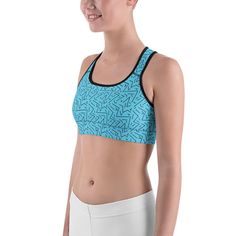 The Black Line range is the latest new design from the Gearbunch Team. The Gearbunch Aqua Black Line Sports Bra is bright aqua blue with striking black abstract lines  This gorgeous sports bra is made from moisture-wicking material that stays dry during low and medium intensity workouts. The bra has support material in the shoulder straps, double layer front, and a wide elastic band to ensure constant support. Be Happy, Be Bright, Be You with Gearbunch. Fitted Blue Sweat-resistant Sports Bra, Turquoise Sporty Activewear, Turquoise Sporty Activewear For Sports, Blue Sweat Resistant Sports Bra, Turquoise Stretch Activewear For Sports, Turquoise Athleisure Activewear For Workout, Bra Crafts, Gym Sports Bra, Garment Industry